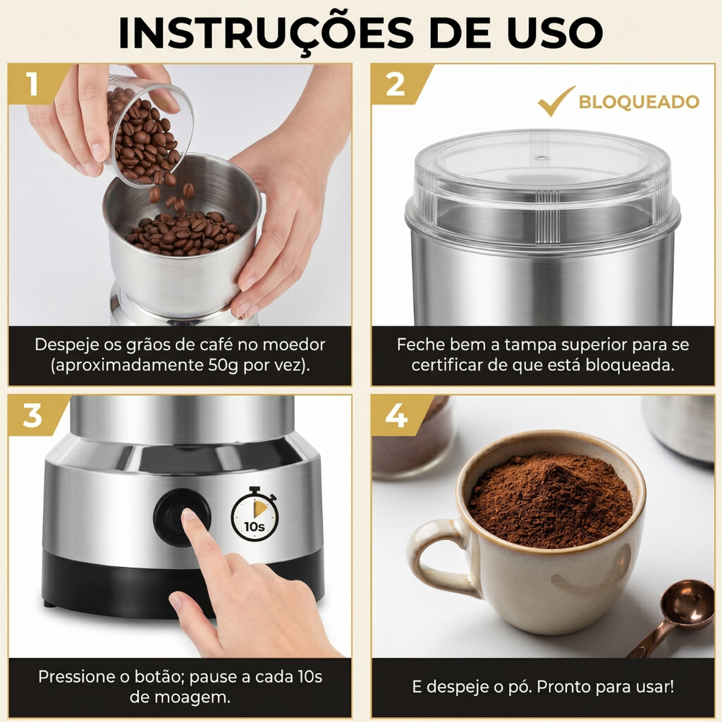 Moedor Elétrico de Café, Grãos e Temperos em Inox | Triturador Multifuncional