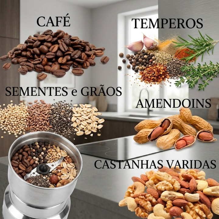 Moedor Elétrico de Café, Grãos e Temperos em Inox | Triturador Multifuncional