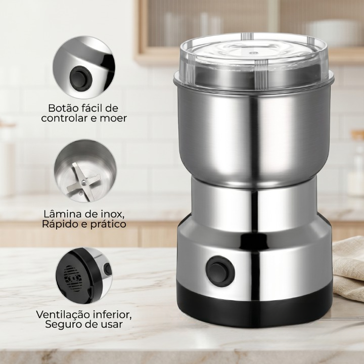 Moedor Elétrico de Café, Grãos e Temperos em Inox | Triturador Multifuncional